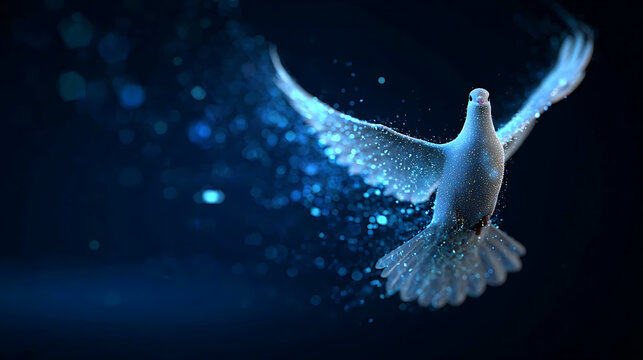 A white dove in flight, symbolizing peace and hope, with glowing particles trailing behind it in a dark, ethereal background