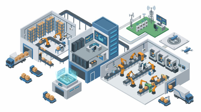 Modern automated factory with robotic arms and logistics.