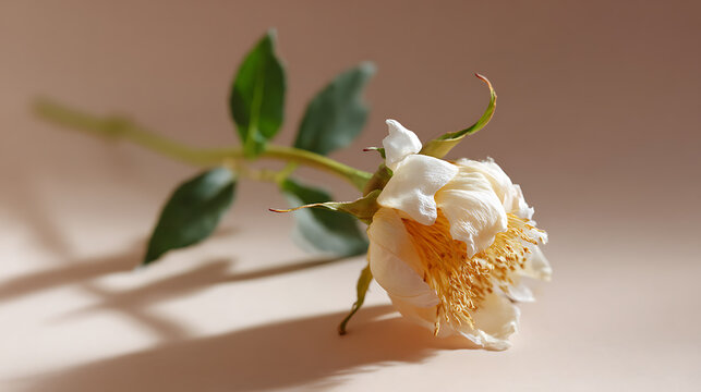A delicate white rose lies on a soft-hued surface, casting a gentle shadow, symbolizing fragility and ephemeral beauty