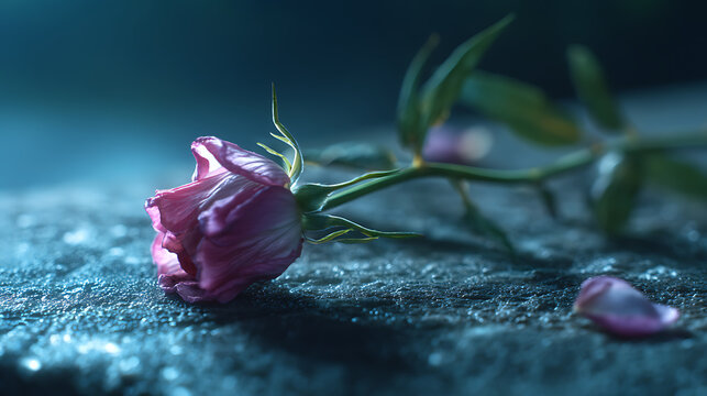 A wilted pink rose lies on a rough surface, its petals beginning to fall, evoking a sense of melancholy and lost beauty. The dim, moody lighting adds to the somber atmosphere