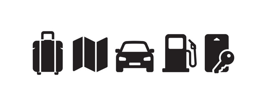Travel essentials icons: luggage, map, car, gas pump, keys in black silhouette.