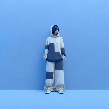 A person wearing a blue-and-cream color-blocked hoodie and baggy pants stands against a plain blue wall. The individual has short blue hair and their hands are in their pockets