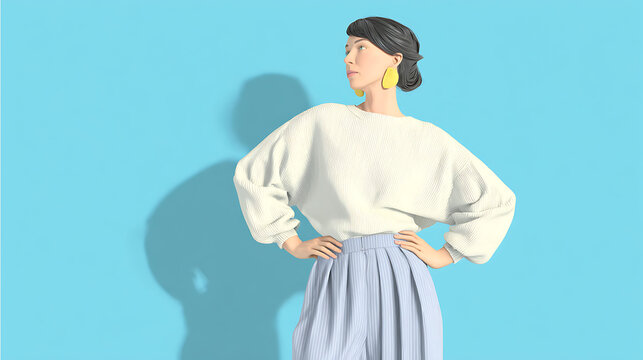 A woman with her hands on her hips, looking sideways with a confident pose against a blue background and shadow