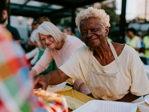 Senior woman volunteer in a worn cotton apron serving warm food at a community event, her gentle smile and unposed movement showing human generosity and support