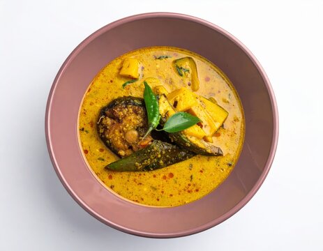 Malabar Karimeen Mango Fish Curry In Dusty Rose Bowl Isolated On White Background