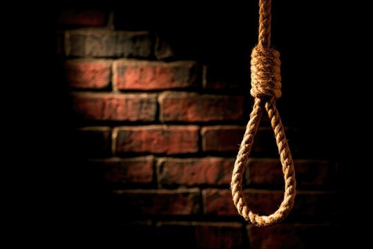 A noose hangs in front of a dark, brick wall with dramatic lighting
