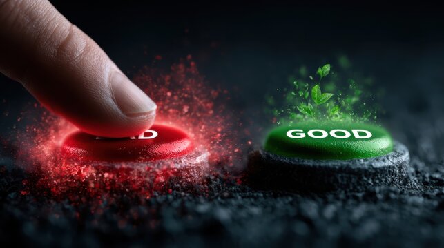 A hand presses a glowing red button labeled "BAD," while a green "GOOD" button sprouts leaves, symbolizing a choice between negativity and positivity.