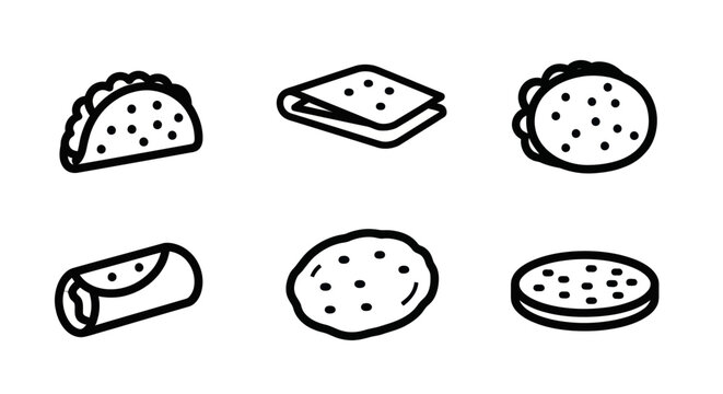 Mexican cuisine and wrap food line icon set.