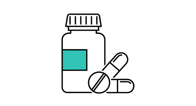 Medicine Bottle with Pills Illustration Showing Capsules Tablets and Pharmacy Elements.