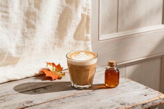 Latte with autumn leaves and syrup on wooden table