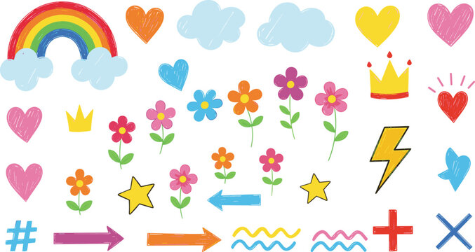 Colorful hand drawn heart and flower doodle set with rainbow clouds stars arrows and geometric shape icons.
