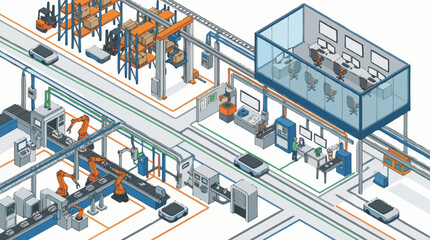 Modern automated factory production line with robotic arms and control room. © pras
