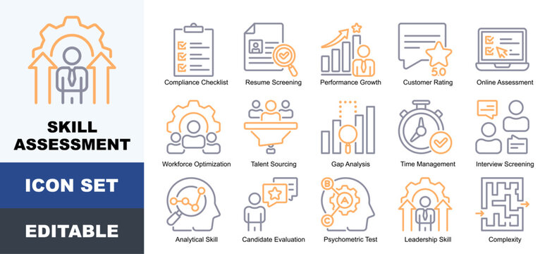 Skill Assessment Icon Pack Featuring Resume Screening, Performance, Rating, Workforce Optimization, Talent Sourcing, Gap Analysis, Time Management and Interview Screening