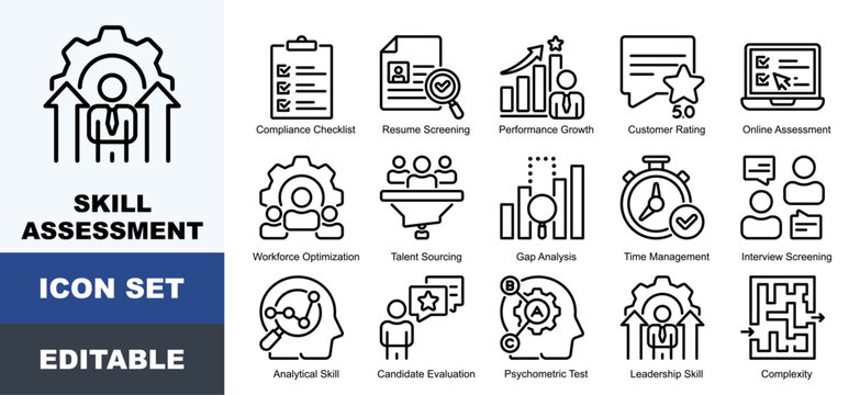 Skill Assessment Icon Pack Featuring Resume Screening, Performance, Rating, Workforce Optimization, Talent Sourcing, Gap Analysis, Time Management and Interview Screening