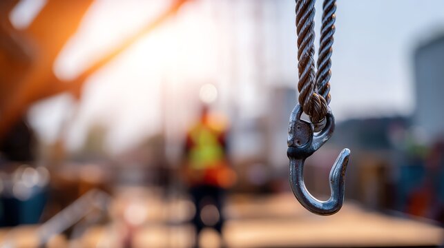 Close-up of a crane hook at a construction site.