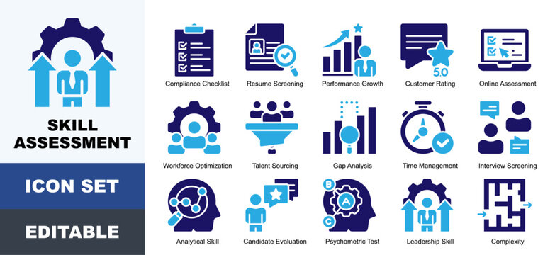 Skill Assessment Icon Pack Featuring Resume Screening, Performance, Rating, Workforce Optimization, Talent Sourcing, Gap Analysis, Time Management and Interview Screening