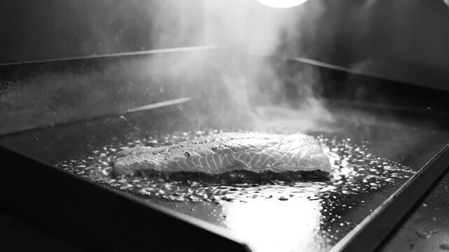 Black and white shot of salmon fillet being cooked on a hot griddle in a professional kitchen