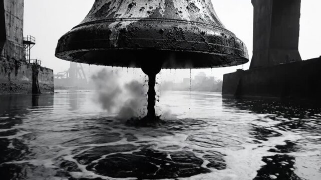Black and white shot of a massive corroded bell spewing a polluted substance into water near industrial structures.