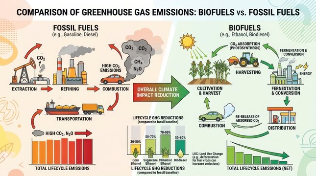Comparison of Greenhouse Gas Emissions - Biofuels vs Fossil Fuels Infographic.
