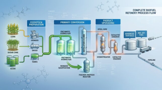 Biorefinery Process Flow Diagram Illustrating Sustainable Fuel Production.