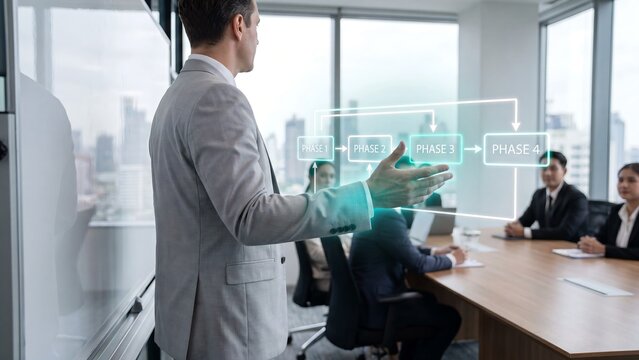 Businessman presenting glowing holographic four-phase project workflow diagram to diverse team in bright modern boardroom with city skyline background