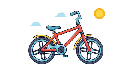 Fototapeta premium Red bicycle with blue tires and yellow mudguards parked outdoors on a sunny day with clouds and a bright yellow sun icon.