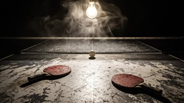 Low angle shot of a moody ping pong table with a light bulb overhead and smoke swirling in darkness.