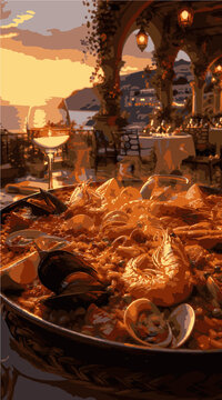 Traditional seafood paella in pan at outdoor restaurant patio overlooking coastal sunset vector illustration