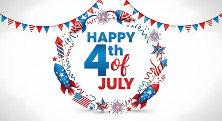 Obraz premium Festive 4th of july illustration with fireworks rockets and patriotic bunting