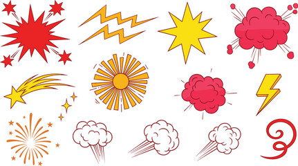 Comic explosion cloud and lightning bolt element collection in pop art style on transparent background. © Emongrapic