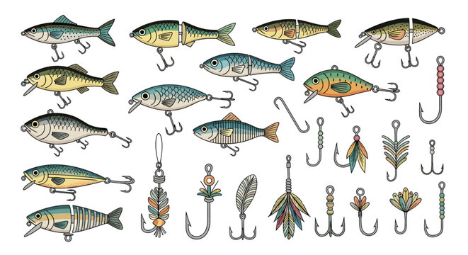 Detailed set of various colorful fishing lures and sharp metal hooks designed for catching different types of fish.