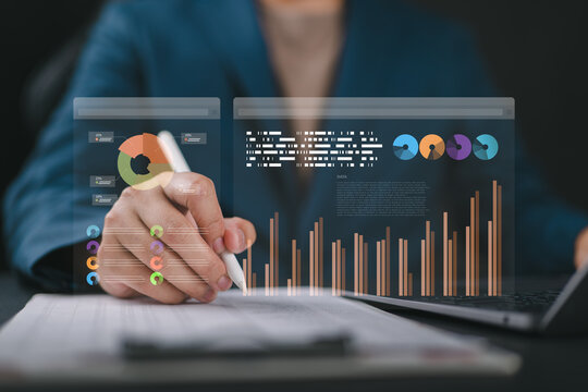 Data analysis is conducted using digital charts and financial dashboards, visualizing stock market performance metrics to express insights for marketing projects, strategy smart business.