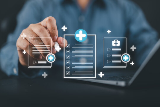 Digital medical records and healthcare automation concept featuring doctors using AI powered systems to manage patient documents, improve data accuracy, and enhance modern healthcare services.