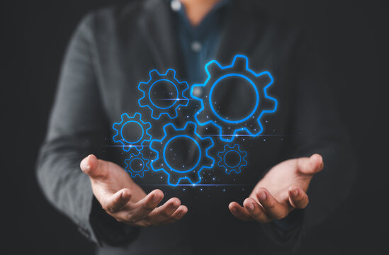 Business process management and workflow automation diagram with gears, Manager touching interface, Efficient business operation. Smart control concept