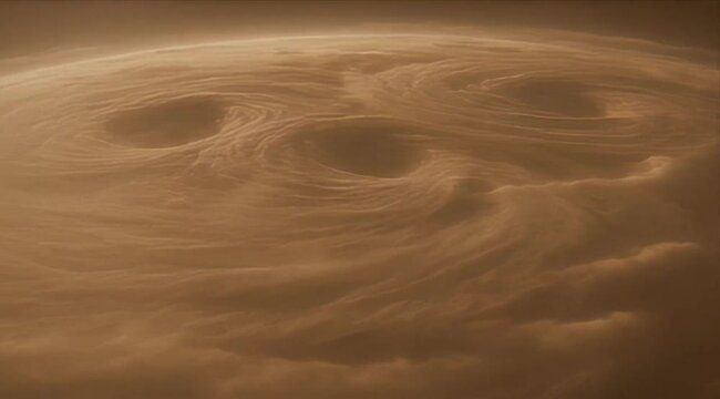 Space Exploration Gas giant planetary storm vortex outer space, ultra realistic CGI view of swirling cloud band and atmosphere with massive storm eye formation, dramatic golden warm light and deep