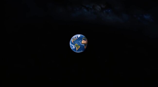 Space Exploration Earth planet in space, tiny blue globe in deep galaxy starfield, wide shot from orbit with clouds, oceans and continents, serene universe astronomy view with copy space background