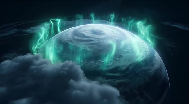 Space Exploration Cinematic footage of glowing aurora over planet in space, dramatic atmosphere and cloud layer with storm energy, misty horizon, science fiction cosmic background, polar view