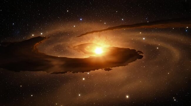 Space Exploration galaxy core spiral galaxy cosmic dust glowing light star field deep space, ultra realistic footage of bright glowing center and intense golden light radiating through swirling dust