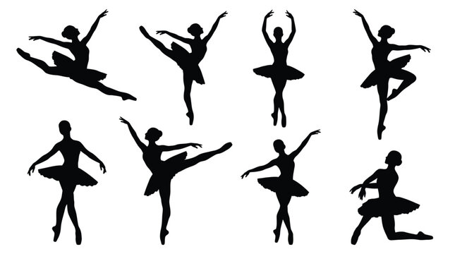 Eight black silhouette ballerinas in various dance poses with white background and elegant movements shown