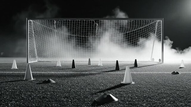 Dramatic monochrome soccer field with goal net and training cones in heavy fog with dramatic lighting