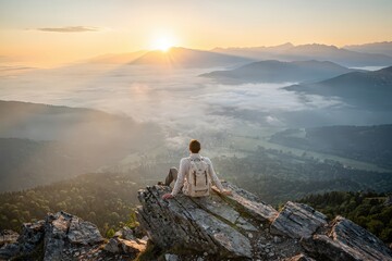 Fototapeta premium Adventurous Hiker Sitting on Rocky Cliff Overlooking Foggy Valley at Sunrise, Soft Golden Light Illuminating Landscape, Majestic Mountain Range in Distance, Capturing Tranquility and Wonder