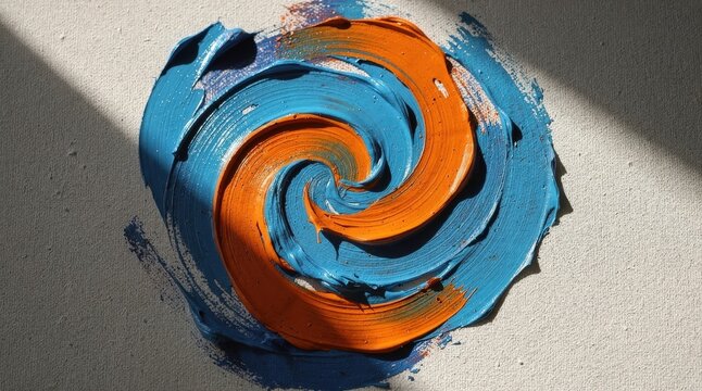 Vibrant Swirl of Blue and Orange Paint on Canvas, Dynamic Abstract Composition, Sunlight Casting Shadows, Textured Brushstrokes, Bold Contrast, Capturing Creative Expression and Energy