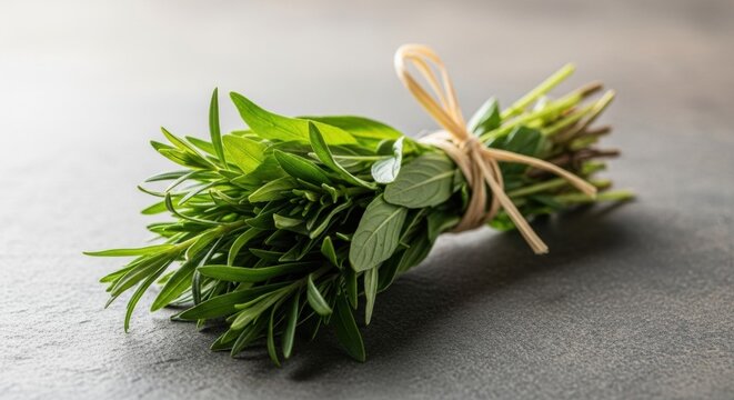 Bundle of fresh green herbs like rosemary and tarragon sprigs tied with natural fiber string on a dark textured slate background, close-up view of culinary seasoning ingredients.