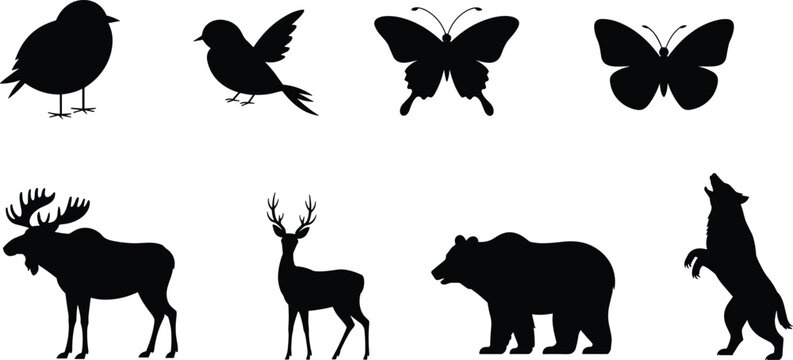 Forest wildlife and nature silhouette collection featuring moose deer grizzly bear howling wolf birds and butterflies vector illustration set