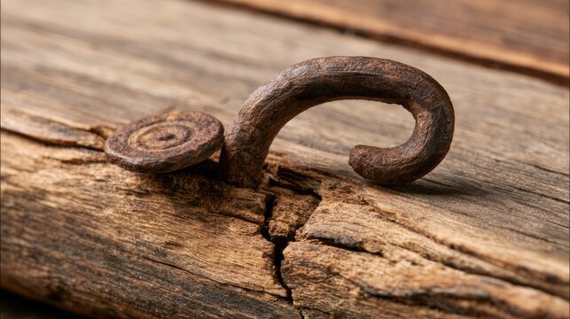 Aged rusty metal hook and spiral detail on weathered wooden plank