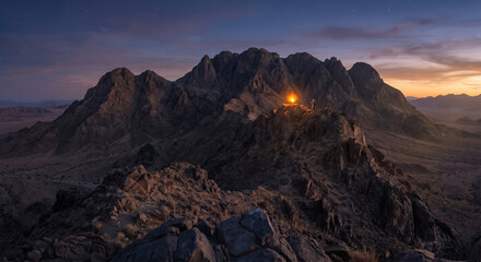 Naklejka premium A panoramic landscape photograph of Mount Horeb at sunset. The rocky mountain range is dark and imposing, but a single, brilliant point of intense orange and gold light