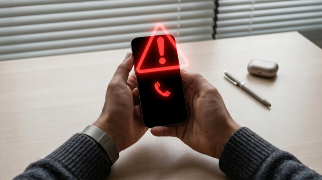 Man holding phone with red warning triangle and spam call icon, digital fraud, scam alert, phishing, or cybersecurity