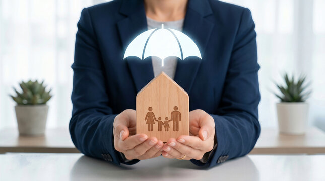 Insurance agent holding a wooden house with family silhouette. Home, life, and family insurance