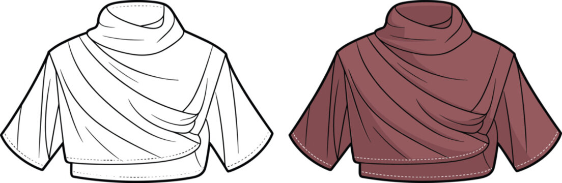 Women short sleeve cowl neck draped cropped top template displaying asymmetrical overlap front in a fashion technical sketch