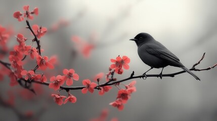 Fototapeta premium Small Black Bird Perched On A Flowering Red Plum Branch Against A Soft Focus Grey Background